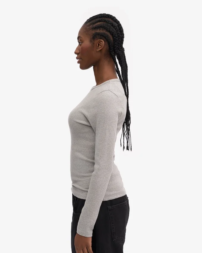Camiseta de manga larga con cuello acanalado orgánica para mujer - Gris jaspeado