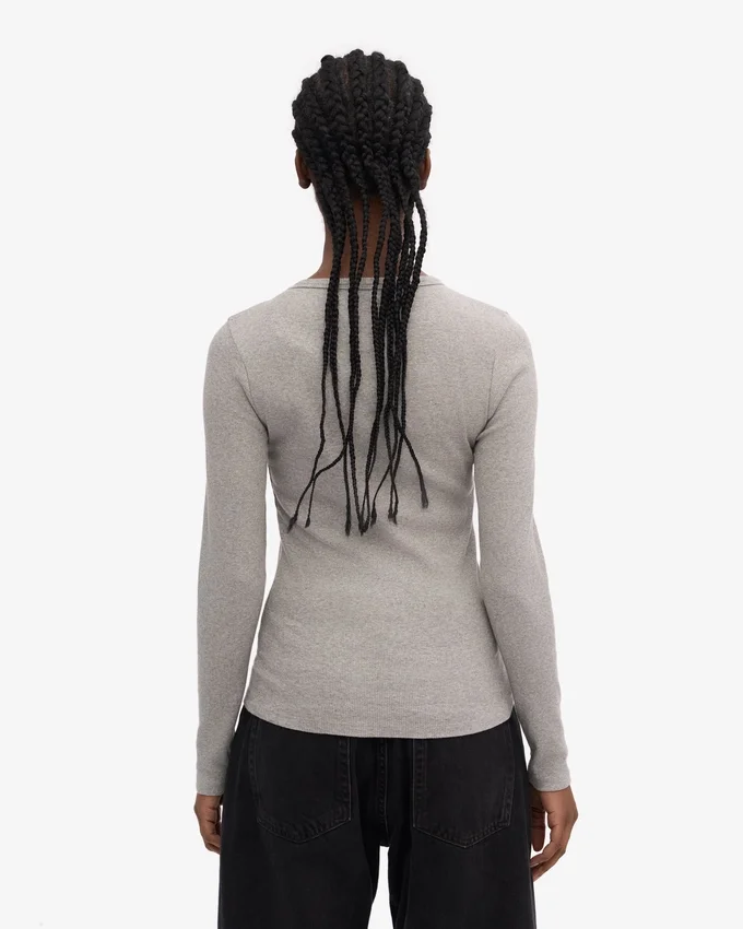 Camiseta de manga larga con cuello acanalado orgánica para mujer - Gris jaspeado
