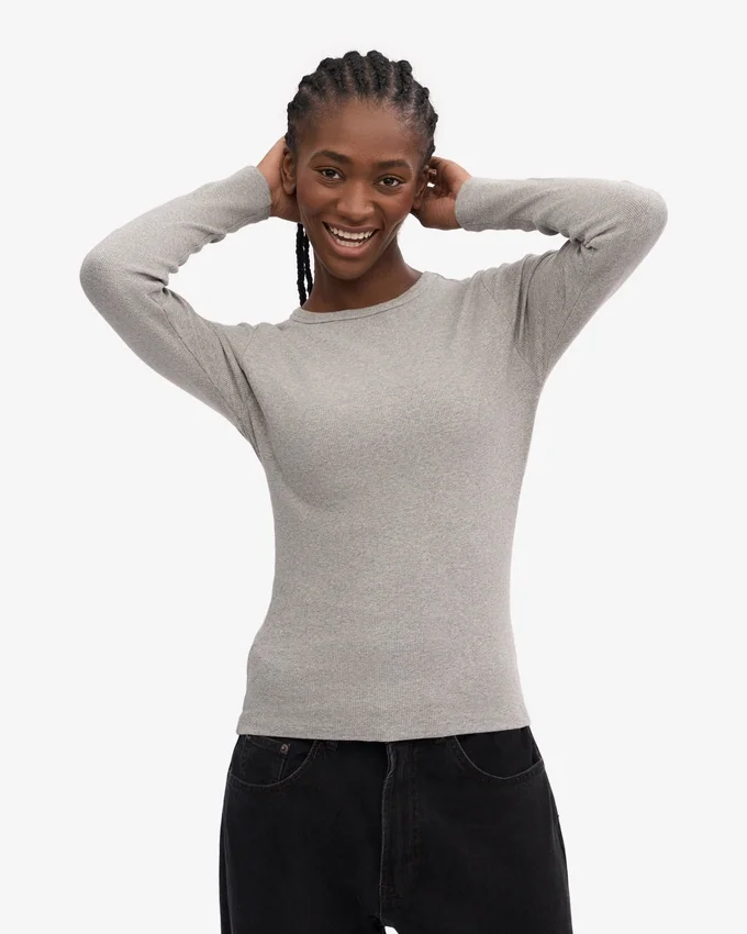 Camiseta de manga larga con cuello acanalado orgánica para mujer - Gris jaspeado