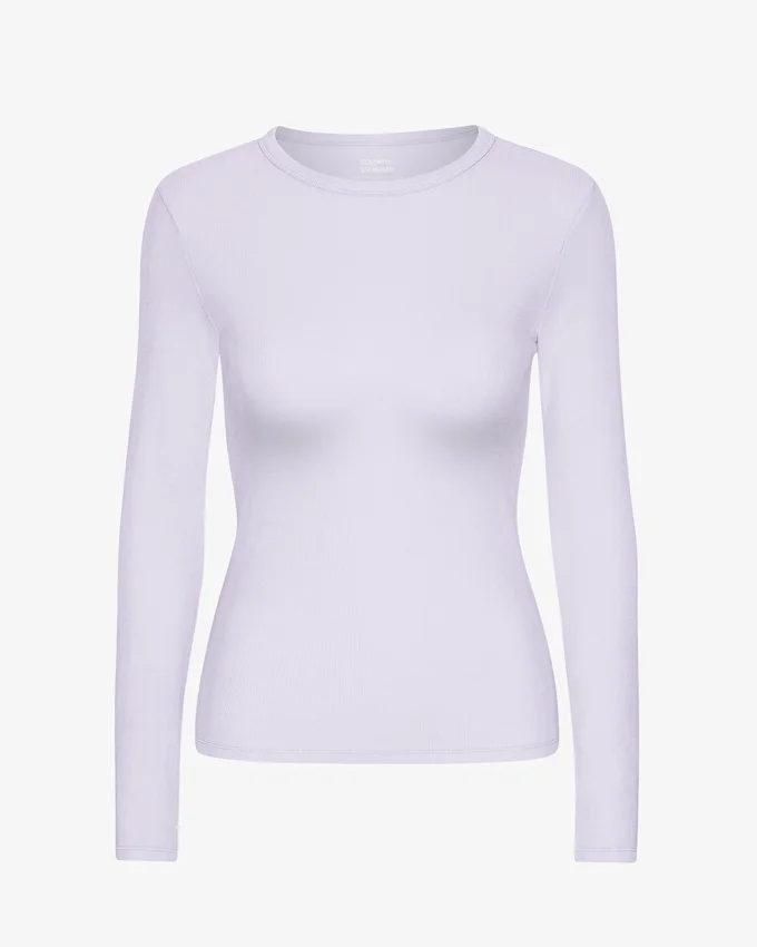 Camiseta de manga larga con cuello acanalado orgánica para mujer - Lavanda suave