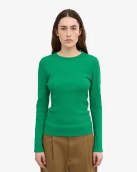 Camiseta de manga larga con cuello acanalado orgánica para mujer – Verde Kelly