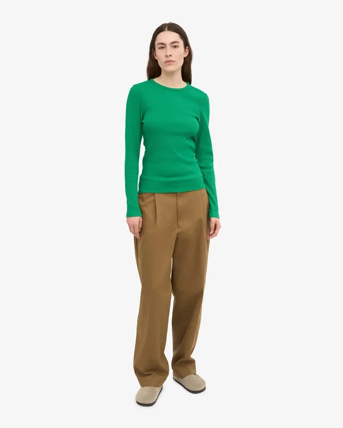 Camiseta de manga larga con cuello acanalado orgánica para mujer - Verde Kelly