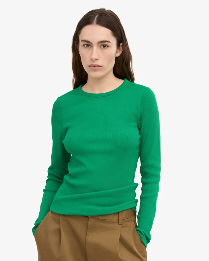 Camiseta de manga larga con cuello acanalado orgánica para mujer - Verde Kelly