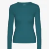 Camiseta de manga larga con cuello acanalado orgánica para mujer - Verde océano