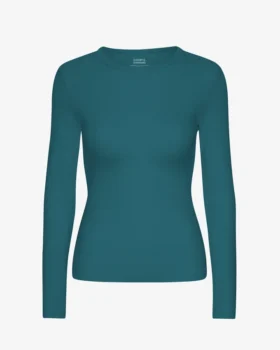 Camiseta de manga larga con cuello acanalado orgánica para mujer - Verde océano