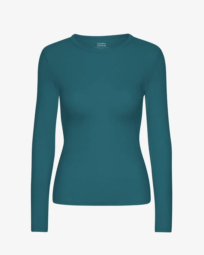 Camiseta de manga larga con cuello acanalado orgánica para mujer - Verde océano