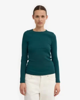 Camiseta de manga larga con cuello acanalado orgánica para mujer – Verde océano