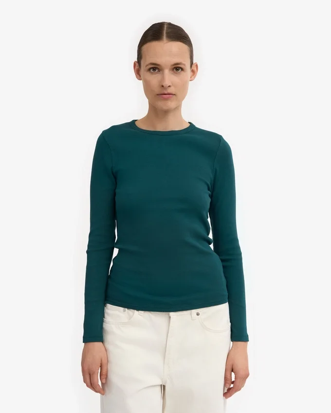 Camiseta de manga larga con cuello acanalado orgánica para mujer - Verde océano