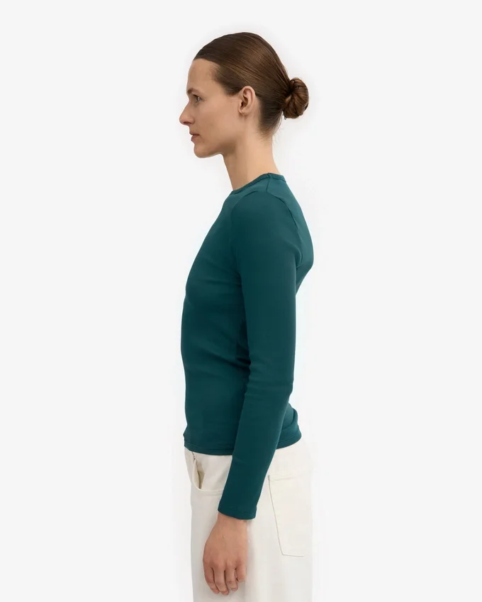 Camiseta de manga larga con cuello acanalado orgánica para mujer - Verde océano