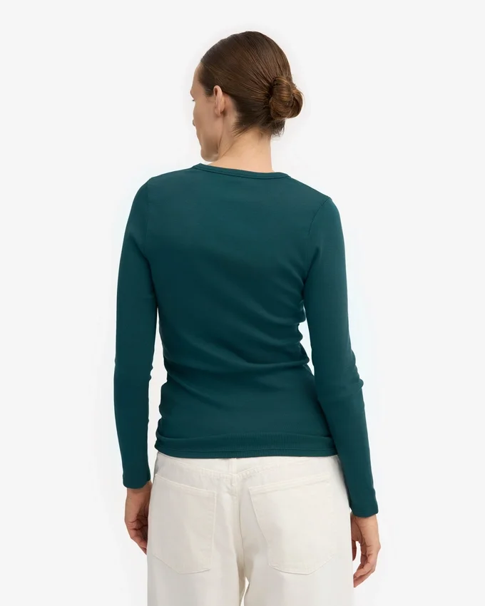 Camiseta de manga larga con cuello acanalado orgánica para mujer - Verde océano
