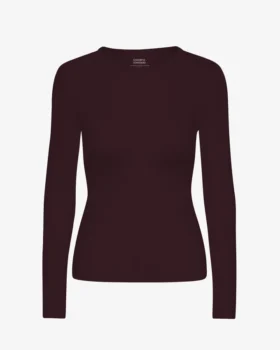Camiseta de manga larga con tejido acanalado orgánica para mujer - Rojo sangre de buey