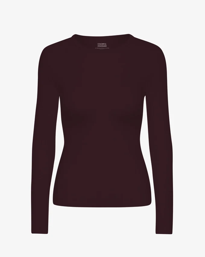 Camiseta de manga larga con tejido acanalado orgánica para mujer - Rojo sangre de buey