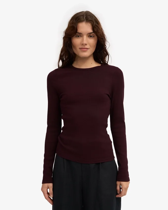 Camiseta de manga larga con tejido acanalado orgánica para mujer - Rojo sangre de buey
