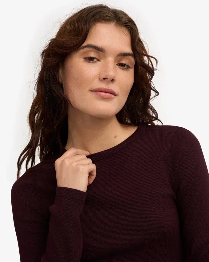 Camiseta de manga larga con tejido acanalado orgánica para mujer - Rojo sangre de buey