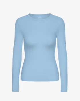 Camiseta de manga larga de punto acanalado orgánica para mujer - Azul mar
