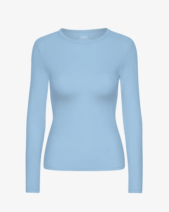 Camiseta de manga larga de punto acanalado orgánica para mujer - Azul mar