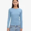 Camiseta de manga larga de punto acanalado orgánica para mujer - Azul mar