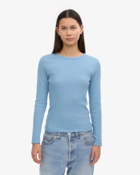 Camiseta de manga larga de punto acanalado orgánica para mujer – Azul mar