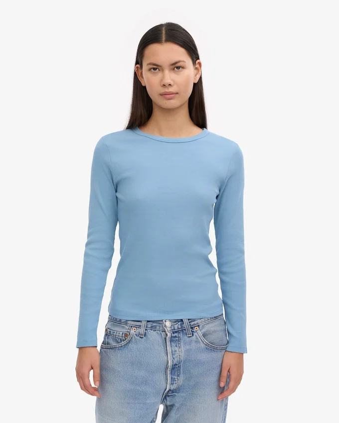 Camiseta de manga larga de punto acanalado orgánica para mujer - Azul mar