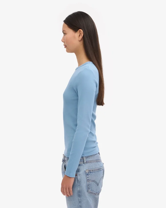 Camiseta de manga larga de punto acanalado orgánica para mujer - Azul mar