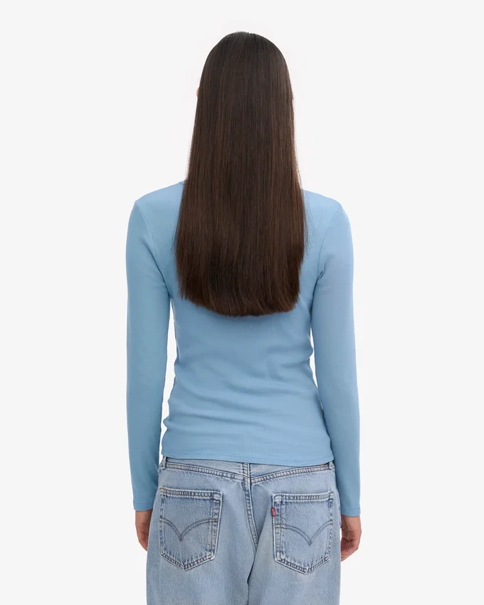 Camiseta de manga larga de punto acanalado orgánica para mujer - Azul mar