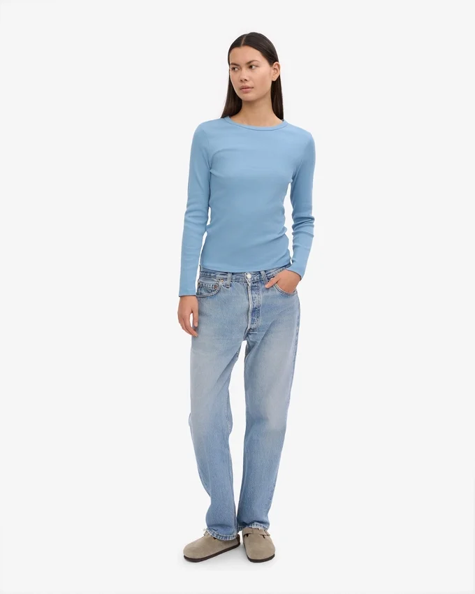 Camiseta de manga larga de punto acanalado orgánica para mujer - Azul mar