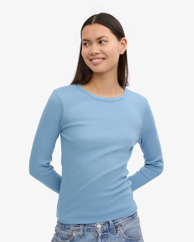 Camiseta de manga larga de punto acanalado orgánica para mujer - Azul mar