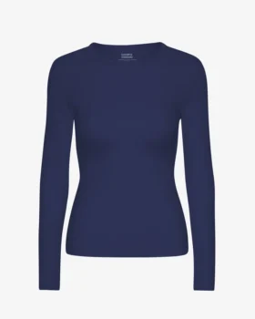 Camiseta de manga larga de punto acanalado orgánica para mujer - Azul marino