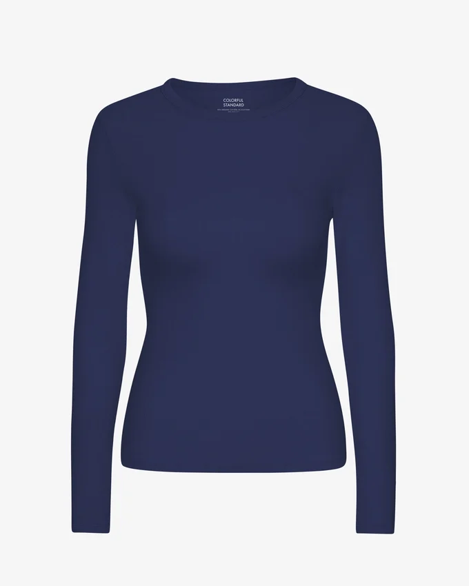 Camiseta de manga larga de punto acanalado orgánica para mujer - Azul marino