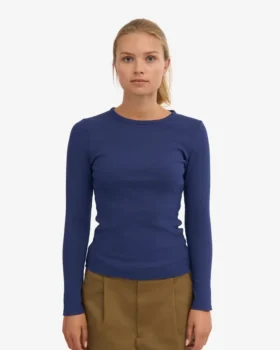 Camiseta de manga larga de punto acanalado orgánica para mujer – Azul marino