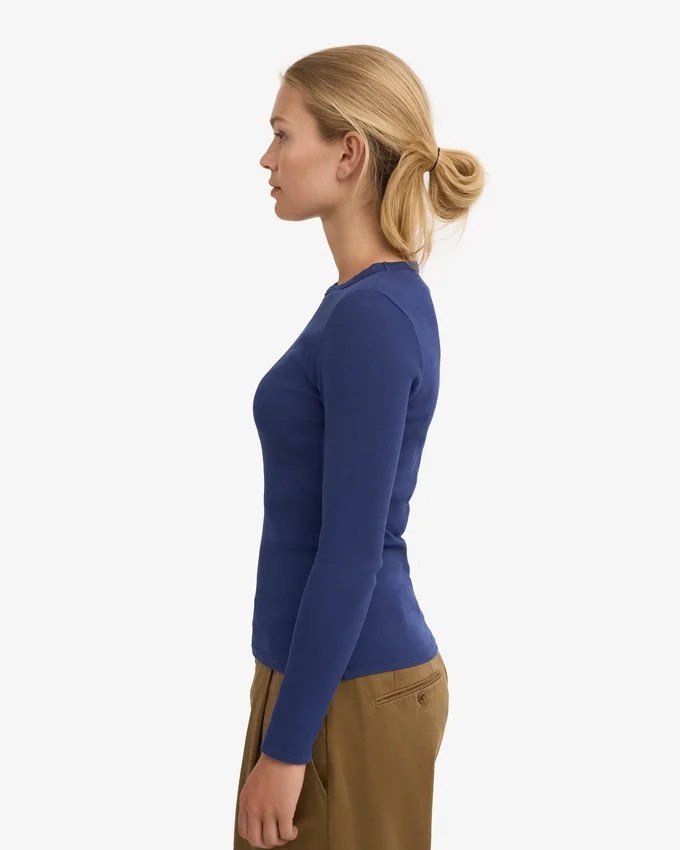 Camiseta de manga larga de punto acanalado orgánica para mujer - Azul marino