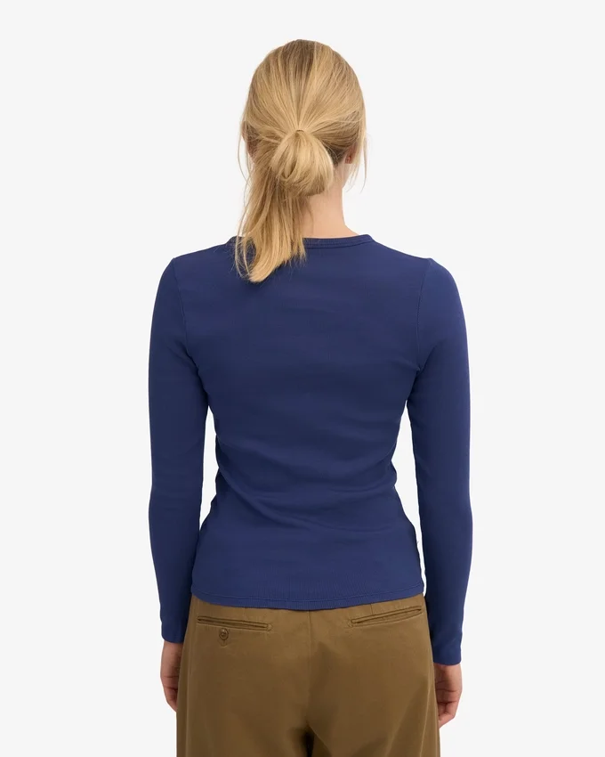 Camiseta de manga larga de punto acanalado orgánica para mujer - Azul marino