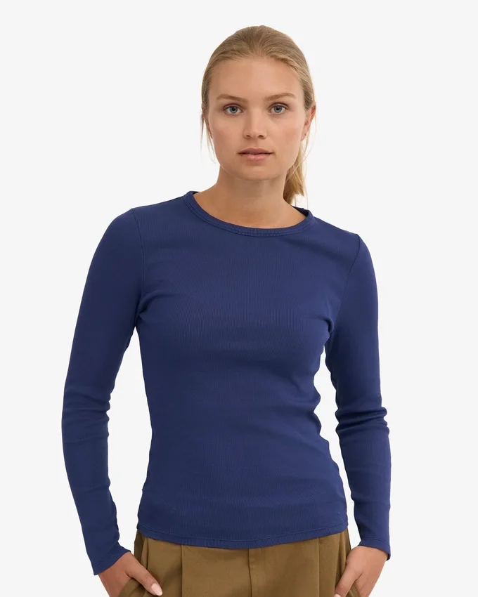 Camiseta de manga larga de punto acanalado orgánica para mujer - Azul marino