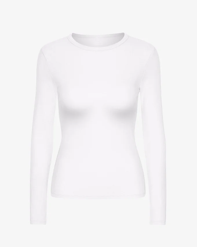 Camiseta de manga larga de punto acanalado orgánica para mujer - Blanco óptico