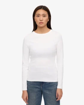 Camiseta de manga larga de punto acanalado orgánica para mujer – Blanco óptico