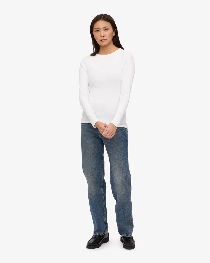 Camiseta de manga larga de punto acanalado orgánica para mujer - Blanco óptico