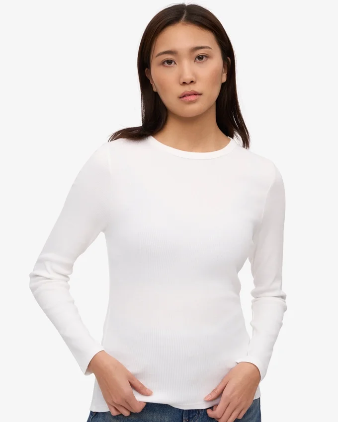 Camiseta de manga larga de punto acanalado orgánica para mujer - Blanco óptico