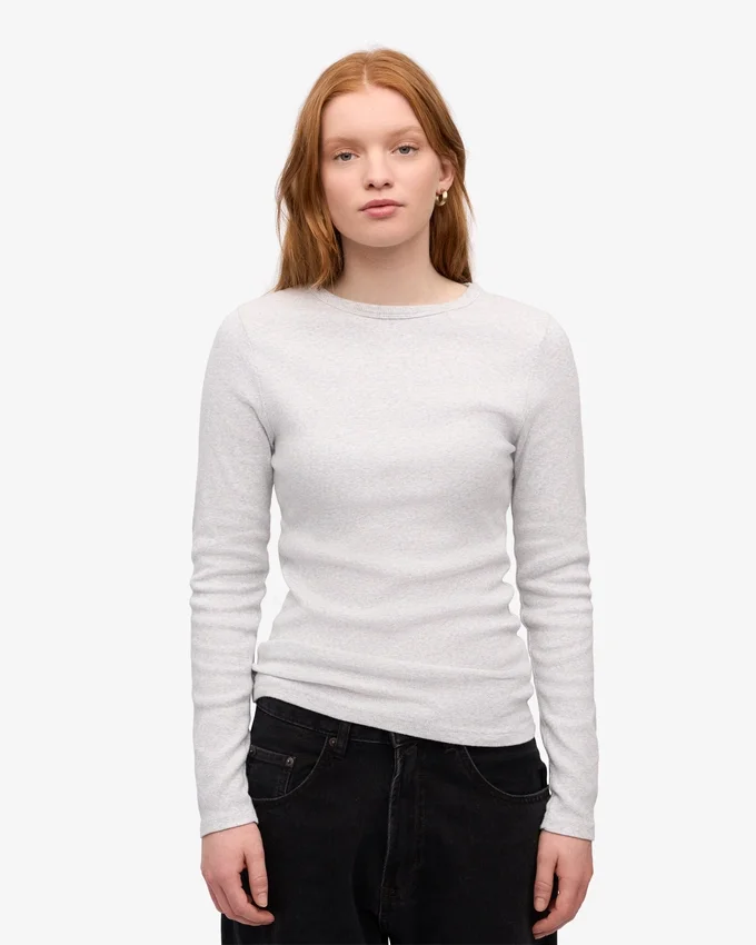 Camiseta de manga larga de punto acanalado orgánica para mujer - Mezcla de nieve