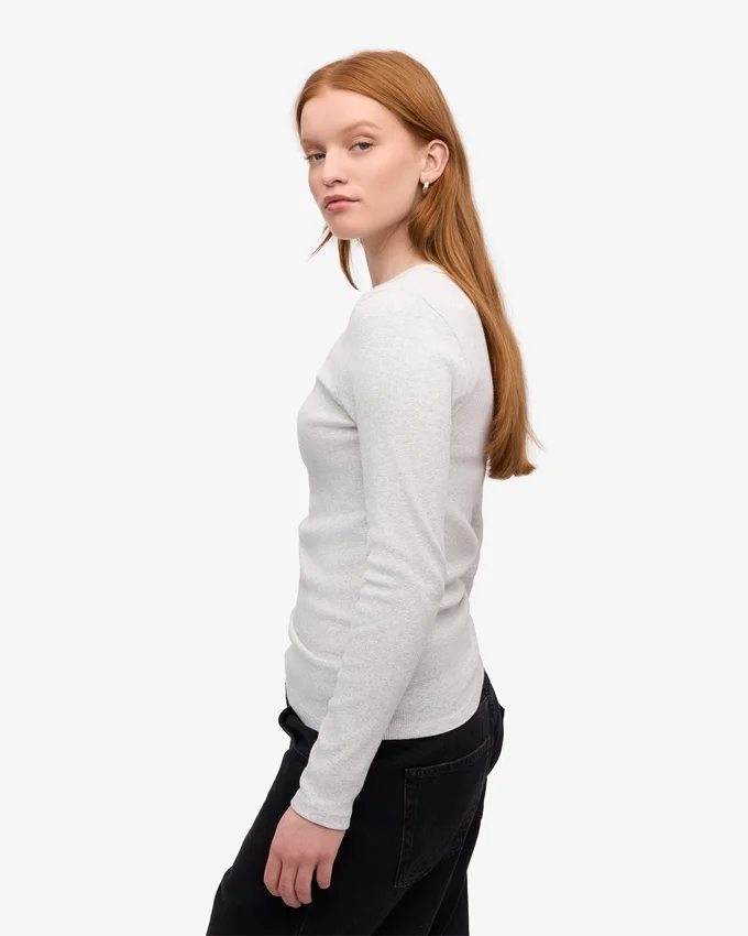 Camiseta de manga larga de punto acanalado orgánica para mujer - Mezcla de nieve