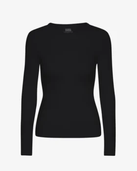 Camiseta de manga larga de punto acanalado orgánica para mujer - Negro intenso