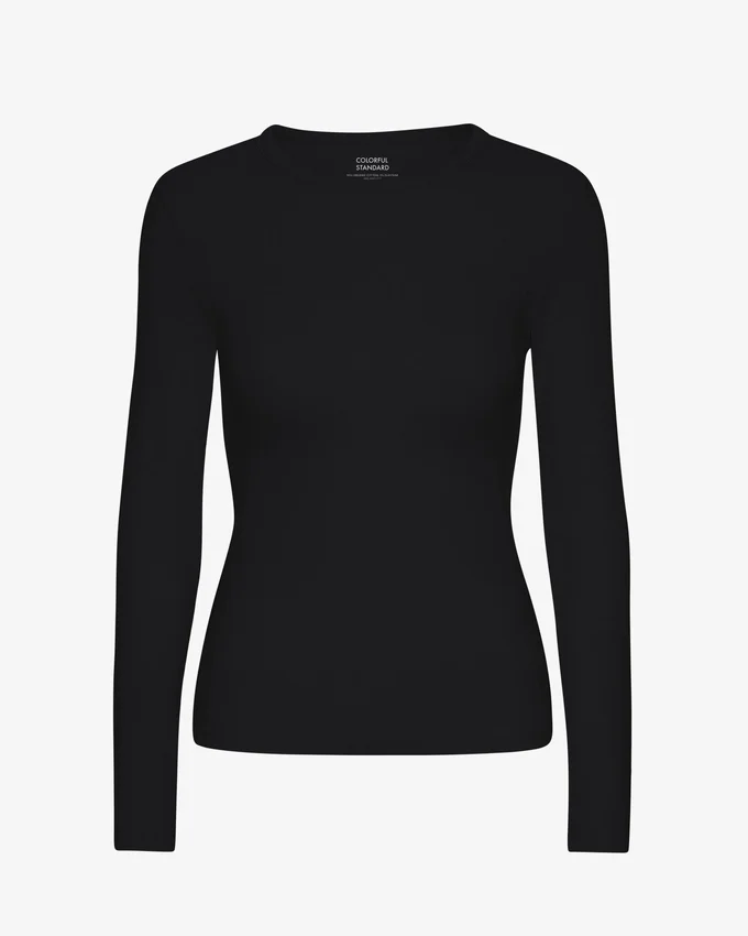 Camiseta de manga larga de punto acanalado orgánica para mujer - Negro intenso