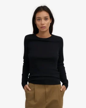 Camiseta de manga larga de punto acanalado orgánica para mujer – Negro intenso