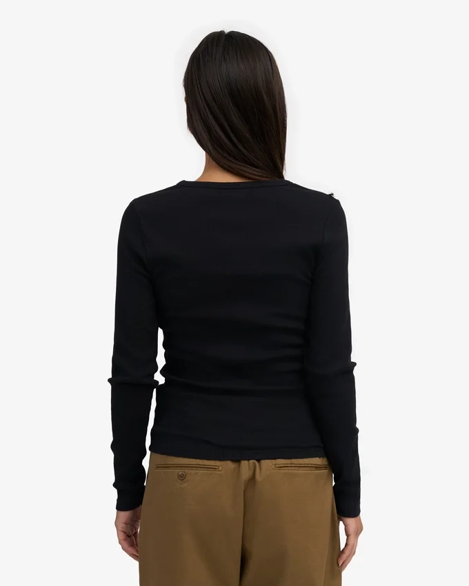 Camiseta de manga larga de punto acanalado orgánica para mujer - Negro intenso