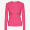 Camiseta de manga larga de punto acanalado orgánica para mujer - Rosa chicle
