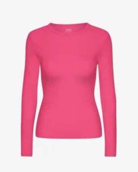 Camiseta de manga larga de punto acanalado orgánica para mujer - Rosa chicle