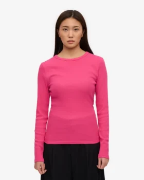 Camiseta de manga larga de punto acanalado orgánica para mujer – Rosa chicle
