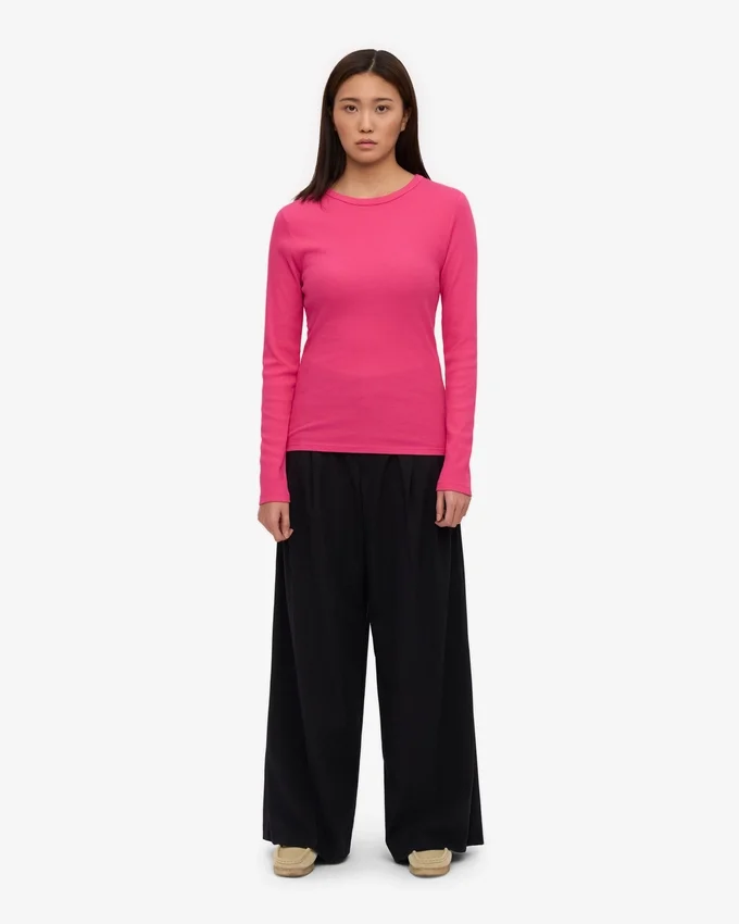 Camiseta de manga larga de punto acanalado orgánica para mujer - Rosa chicle