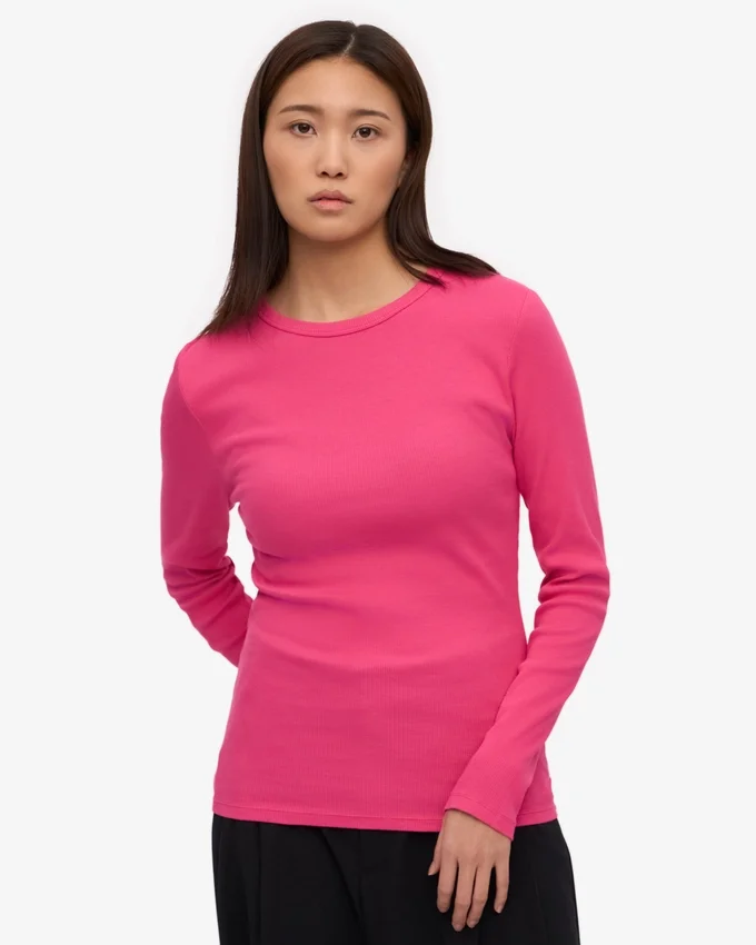 Camiseta de manga larga de punto acanalado orgánica para mujer - Rosa chicle