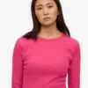 Camiseta de manga larga de punto acanalado orgánica para mujer - Rosa chicle