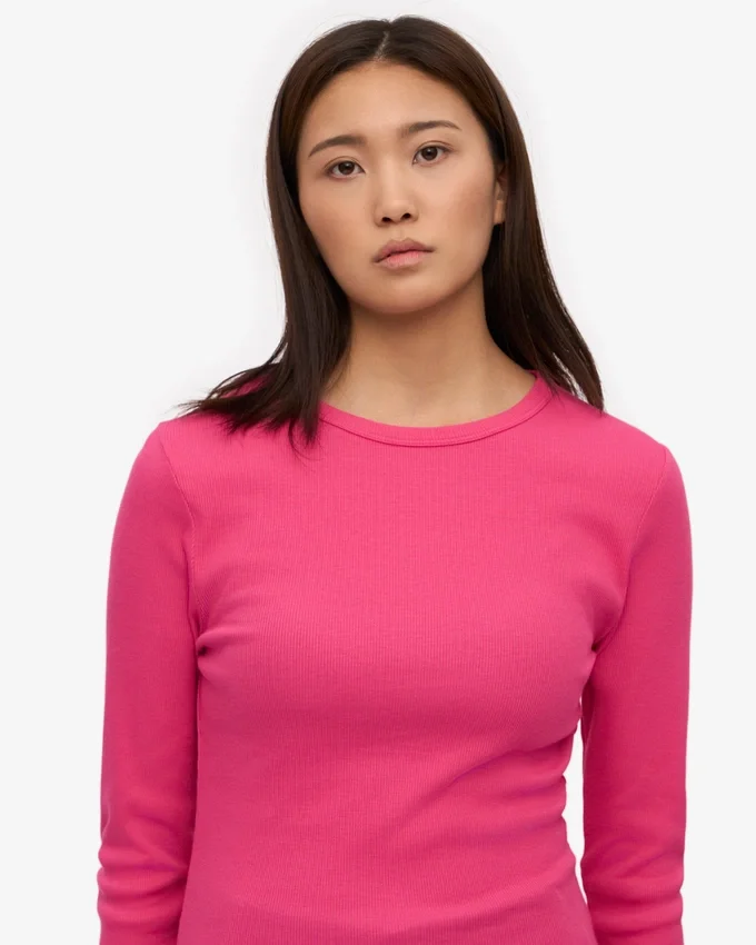 Camiseta de manga larga de punto acanalado orgánica para mujer - Rosa chicle